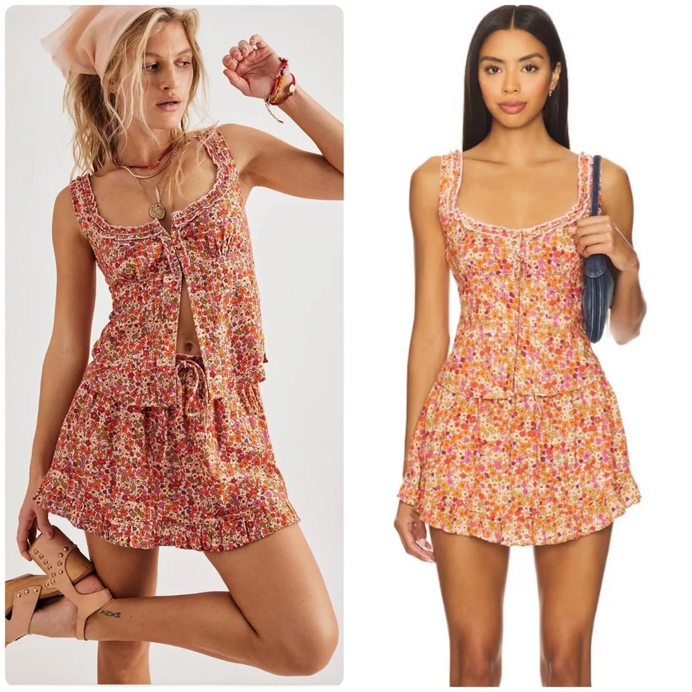 Free People Floral Tank Top in Pink and Orange